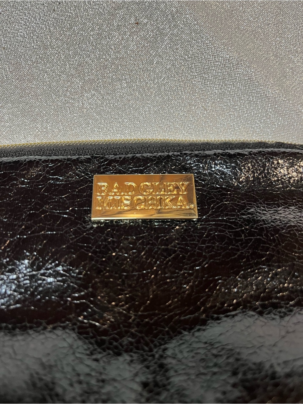 Badgley Mischka Black Patent Cosmetic Case with Gold Logo Plate